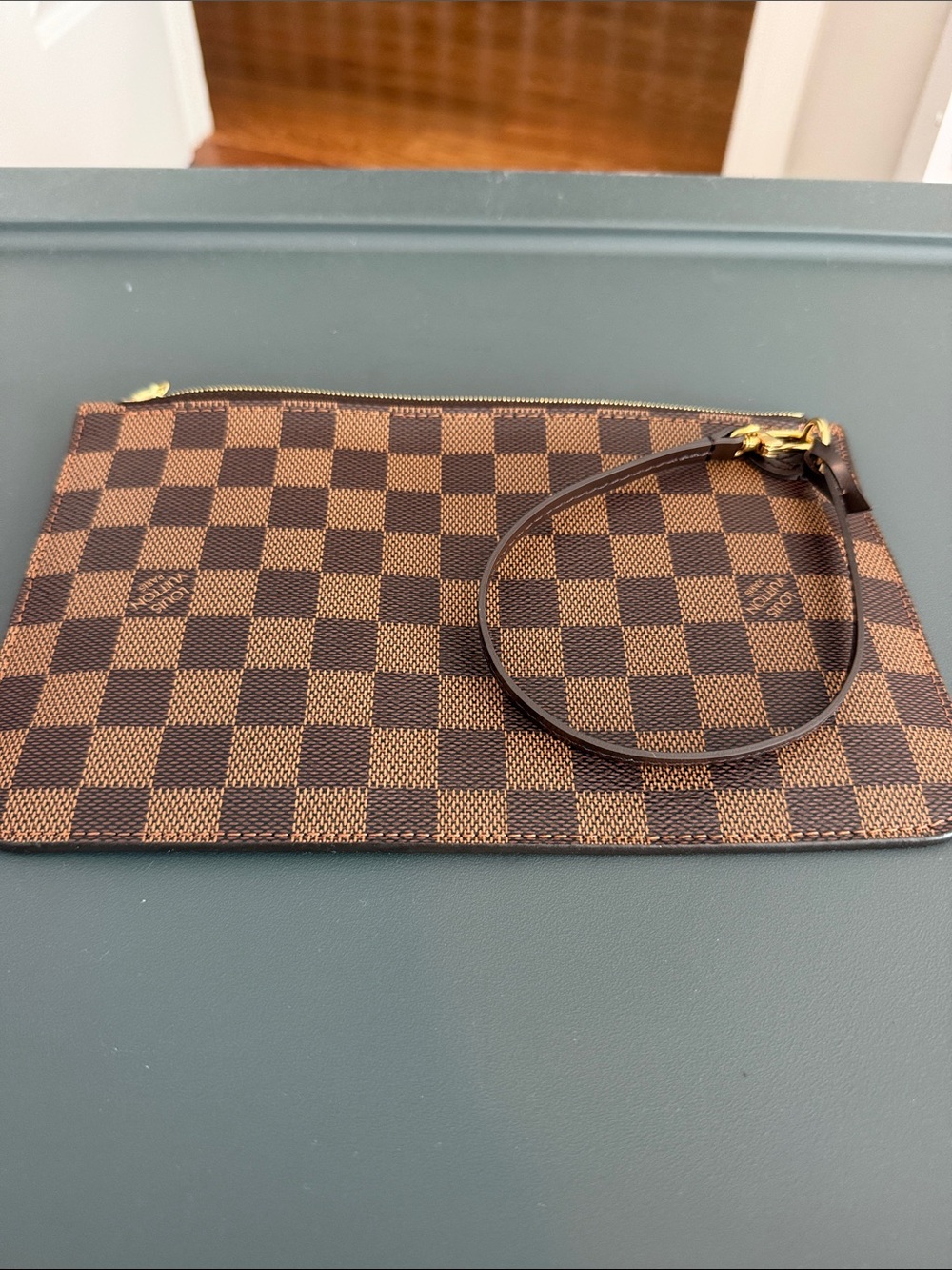 Louis Vuitton Brown Damier Ebene Wristlet Pouch with Gold Hardware